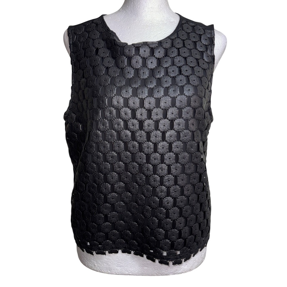 Trouve Black Women S Faux Leather Laser Cut Top Perforated Geometric Circle Tank